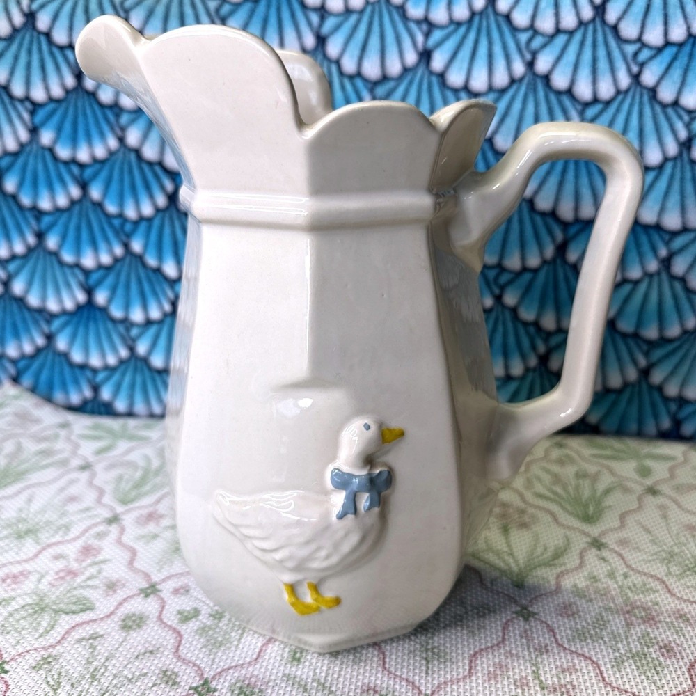 Country Farmhouse White Ceramic Pitcher Duck Goose Design 8" Heavy USA Decor